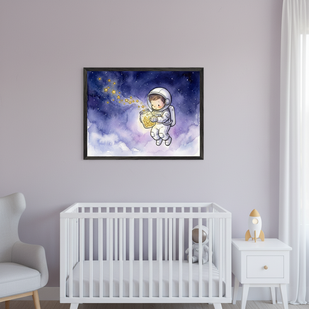 Modern nursery with a white crib, gray armchair, and white nightstand. A framed watercolor art of a cartoon astronaut holding a jar of stars in a galaxy scene hangs above the crib.