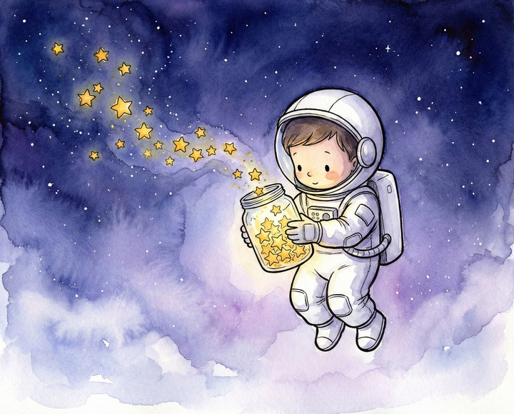 A watercolor-style illustration of a smiling young astronaut floating in space while holding a glowing jar filled with golden stars that gently drift out into a dreamy purple galaxy.
