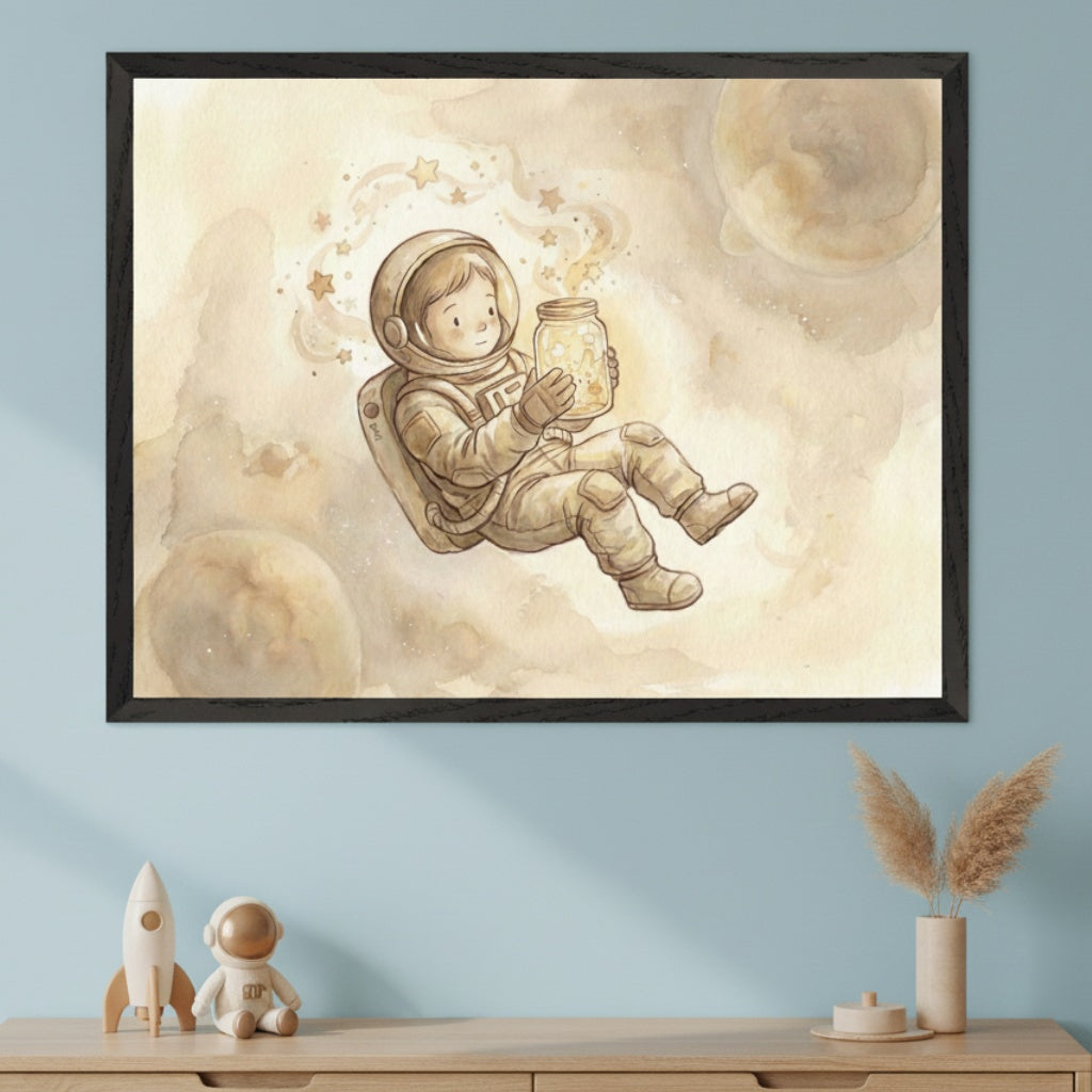 Modern kid's room with a light wood dresser. A large framed watercolor print of a cute astronaut floating in space holding a jar of stars hangs above the dresser. A small rocket and astronaut toy sit on the dresser.