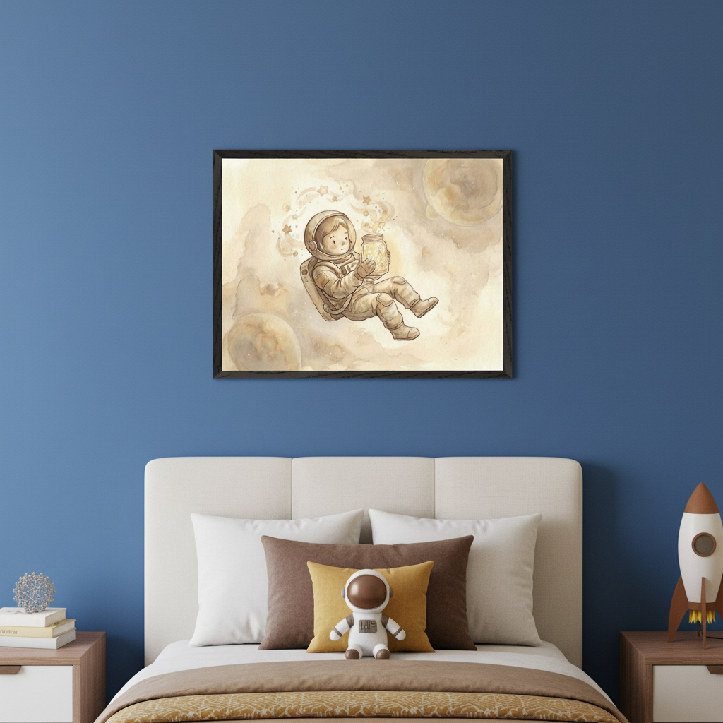 Modern kid's bedroom with a blue wall and cream bed. A framed watercolor of a child astronaut floating, holding a jar of glowing stars, with planets in a neutral-toned universe, hangs centered above the bed. An astronaut plushie is on the bed and a rocket lamp on a nightstand.