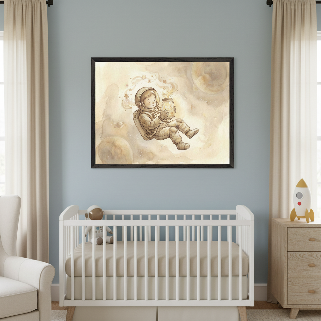 Modern nursery with a white crib and light wood dresser against a blue wall. A large framed watercolor art of a child astronaut floating among planets, holding a jar with glowing stars, hangs above the crib.