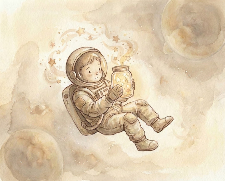 A gentle sepia-toned illustration of a young astronaut sitting in space holding a jar of glowing stars with planets and cosmic dust creating a warm dreamy atmosphere.
