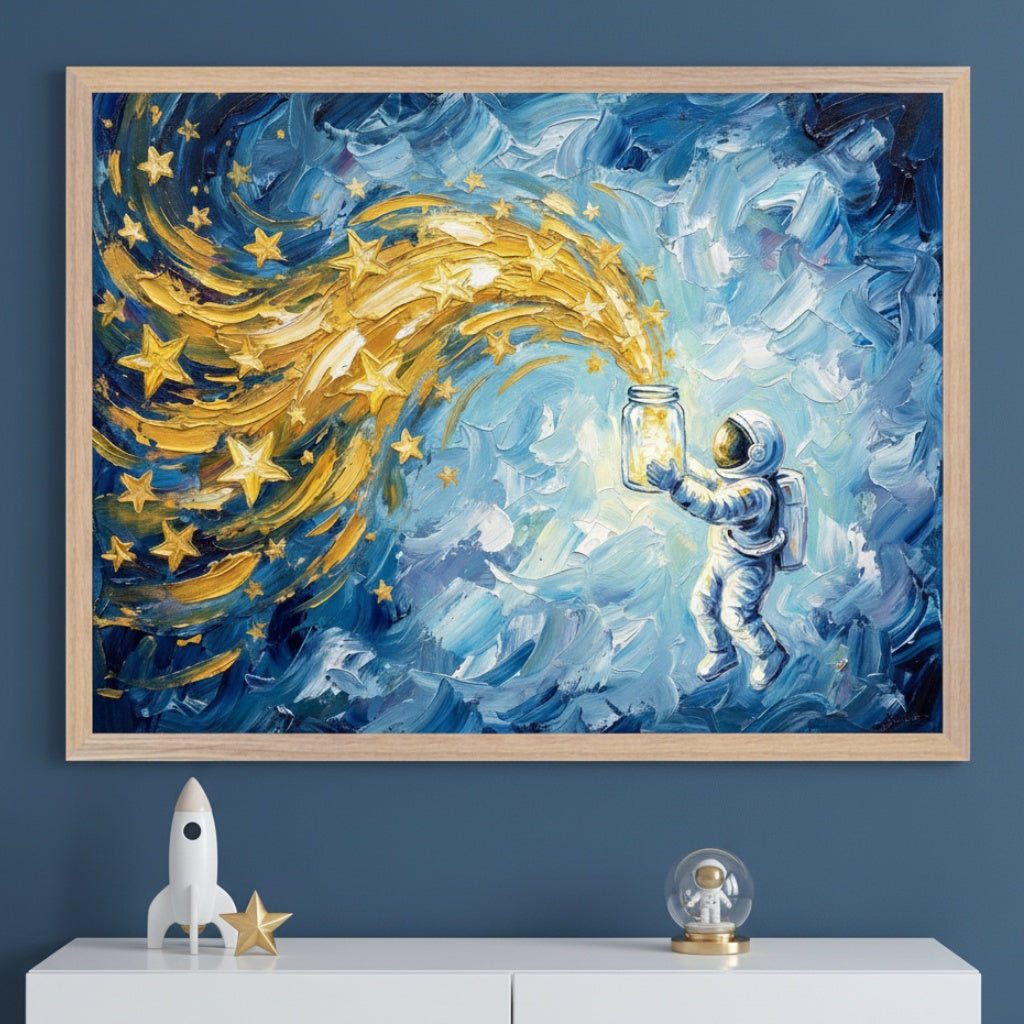 Modern kid's room with a dark blue wall. A framed impasto painting hangs above a white dresser. The art shows an astronaut holding a glowing jar, spilling golden stars into a swirling blue and gold cosmos. A rocket toy and astronaut globe are on the dresser.