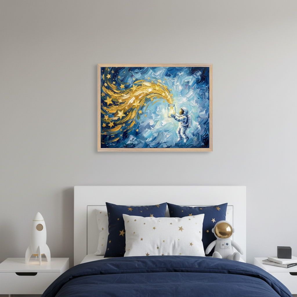 Kid's bedroom with a white bed and star-themed bedding. A white nightstand with a rocket lamp is on the left. Above the bed, a framed textured painting depicts a white-suited astronaut holding a jar releasing a stream of golden stars into a swirling blue background.