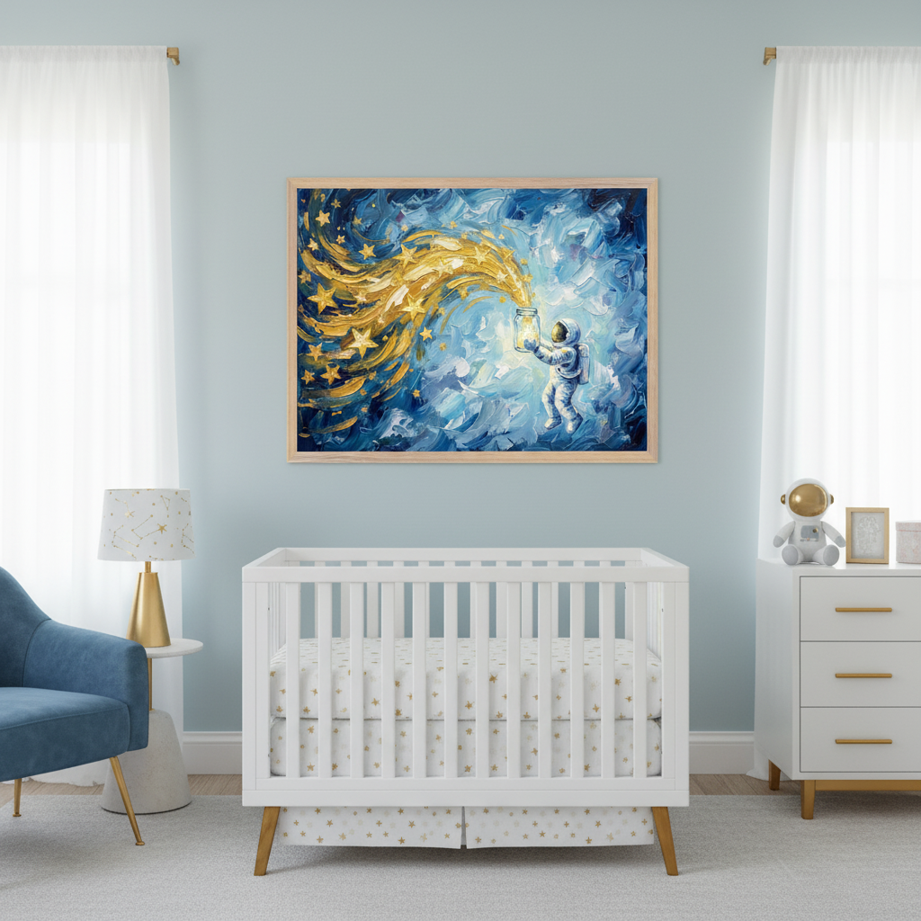 Modern nursery with a white crib, blue armchair, and white dresser. A large framed painting hangs centered above the crib, depicting an astronaut pouring golden stars from a jar into a swirling blue, white, and yellow cosmic background in a painterly style.
