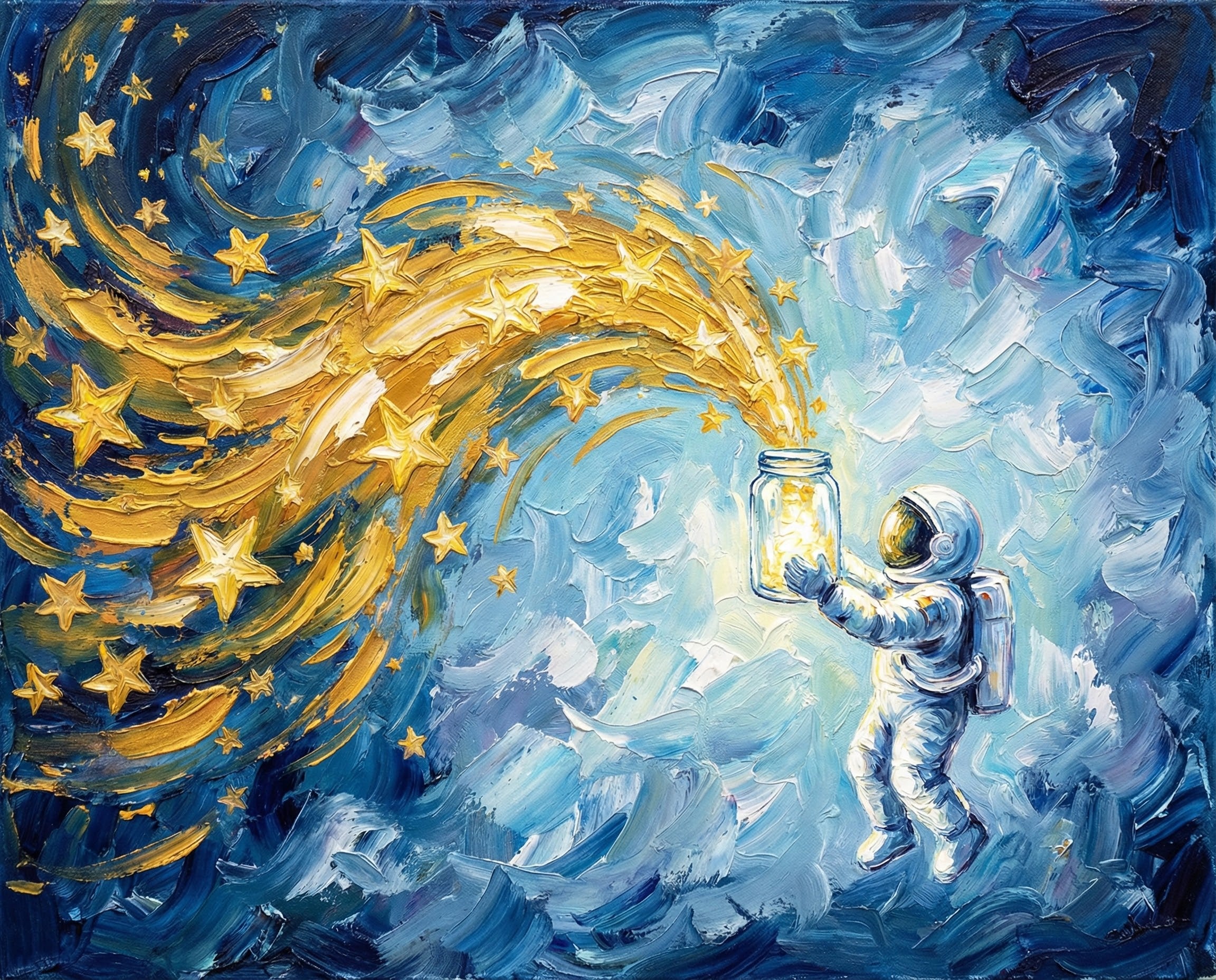 An expressive oil painting of an astronaut releasing bright golden stars from a glowing jar into a whirlwind of swirling blue and yellow brushstrokes in space.
