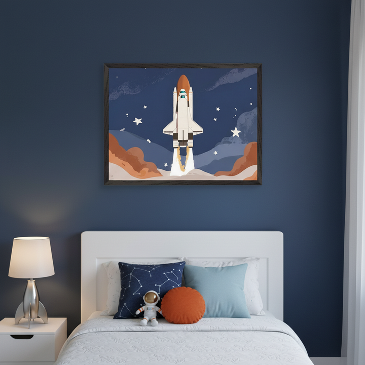 Kid's bedroom with a white headboard bed against a dark blue wall. Above the bed, a framed illustration shows a space shuttle launching into a starry sky. A plush astronaut and constellation pillow are on the bed. A rocket lamp sits on a white nightstand.