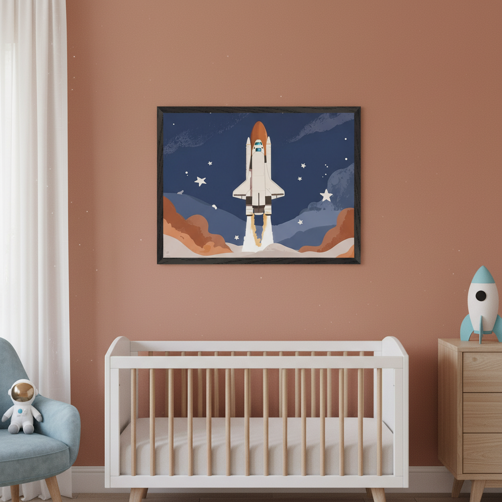Modern nursery with a white crib and light wood dresser against a peach wall. A black-framed illustration of a space shuttle launching against a starry night sky hangs centered above the crib. A light blue armchair with an astronaut toy is on the left.