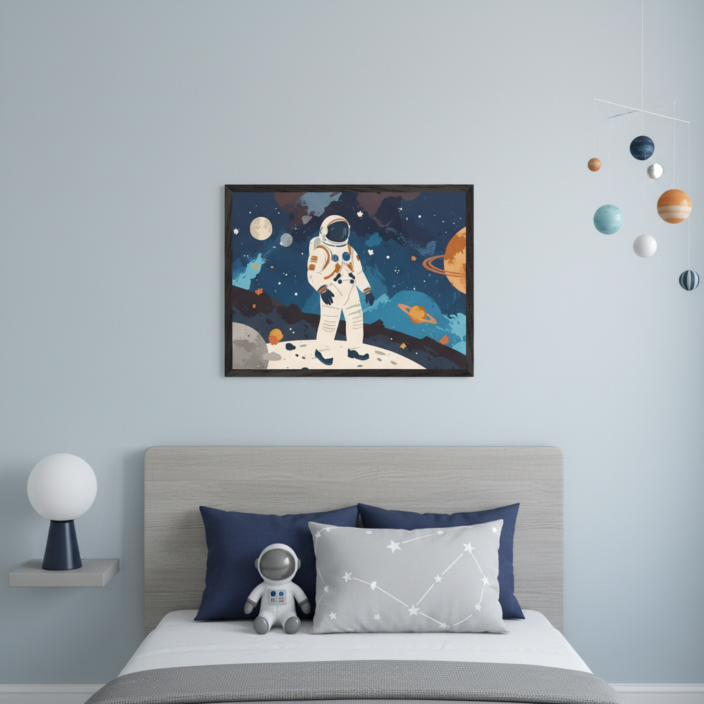 Modern kid's bedroom with a light wood headboard bed. A framed illustration of an astronaut on a moon-like surface with colorful planets and stars hangs centered above the bed. A planetary mobile is on the right.