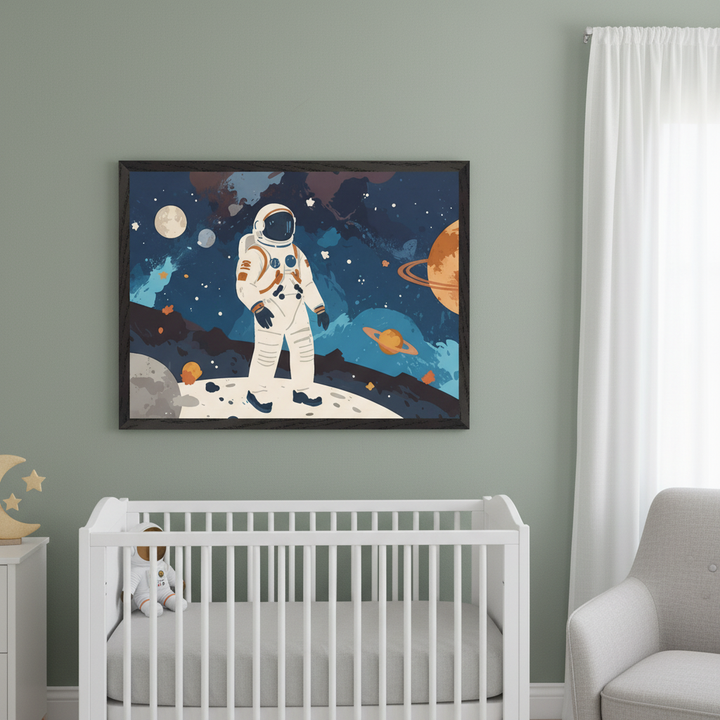 Modern nursery with a white crib and gray armchair. A large framed illustration of an astronaut on a moon, surrounded by planets and stars, hangs on a sage green wall above the crib.