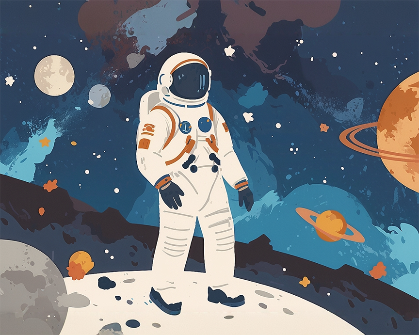 An astronaut in a white spacesuit stands on a rocky lunar surface, surrounded by a vivid, starry space backdrop. Planets with rings and various celestial bodies float in the dark blue sky, creating a whimsical cosmic scene.