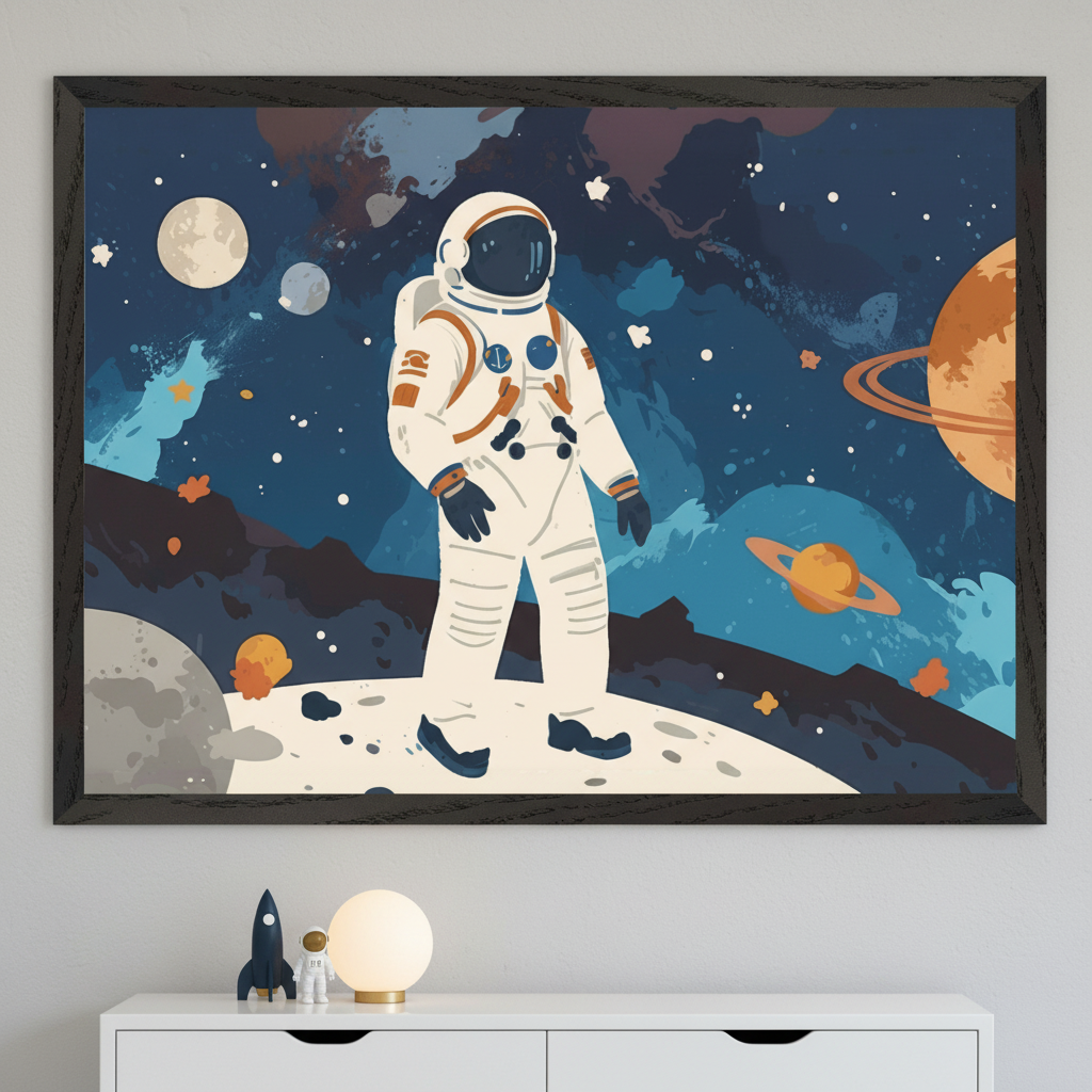 Modern room with a white two-drawer dresser. A large framed illustration of an astronaut on a moon-like surface with planets and stars hangs centered above the dresser. A rocket, astronaut figurine, and spherical lamp are on the dresser.