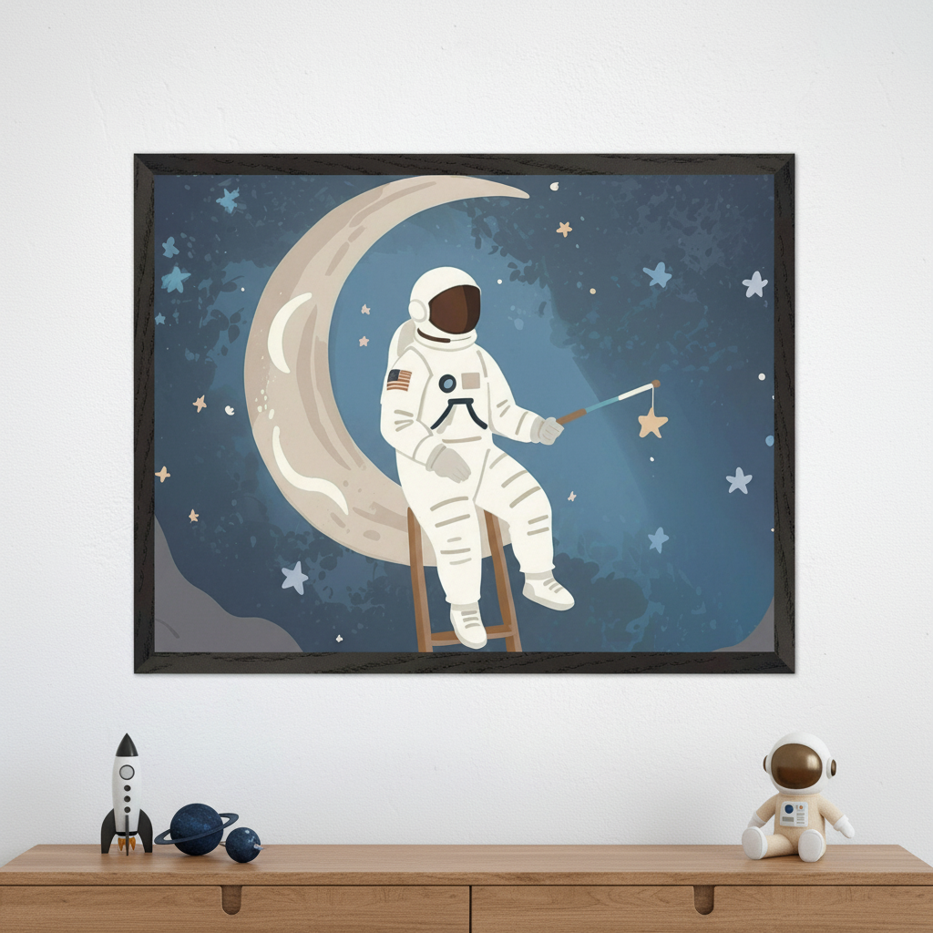 Children's bedroom with a light wood dresser. A large framed illustration of a dark-skinned astronaut on a crescent moon, fishing for a star, hangs above it. Space-themed toys are on the dresser.