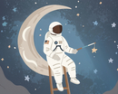 An astronaut in a white spacesuit sits on a wooden ladder against a crescent moon backdrop, holding a fishing rod with a star on the line. The scene is set in a starry night sky with various colored stars scattered around.