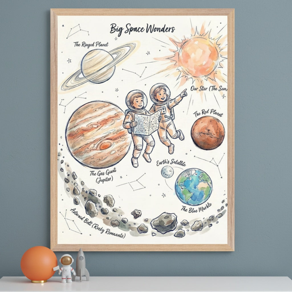Kid's modern room with a dark gray wall and a large framed watercolor space wonders print above a white shelf. The art features planets, the Sun, astronauts, and an asteroid belt. On the shelf are an orange sphere, an astronaut, and a rocket figurine.