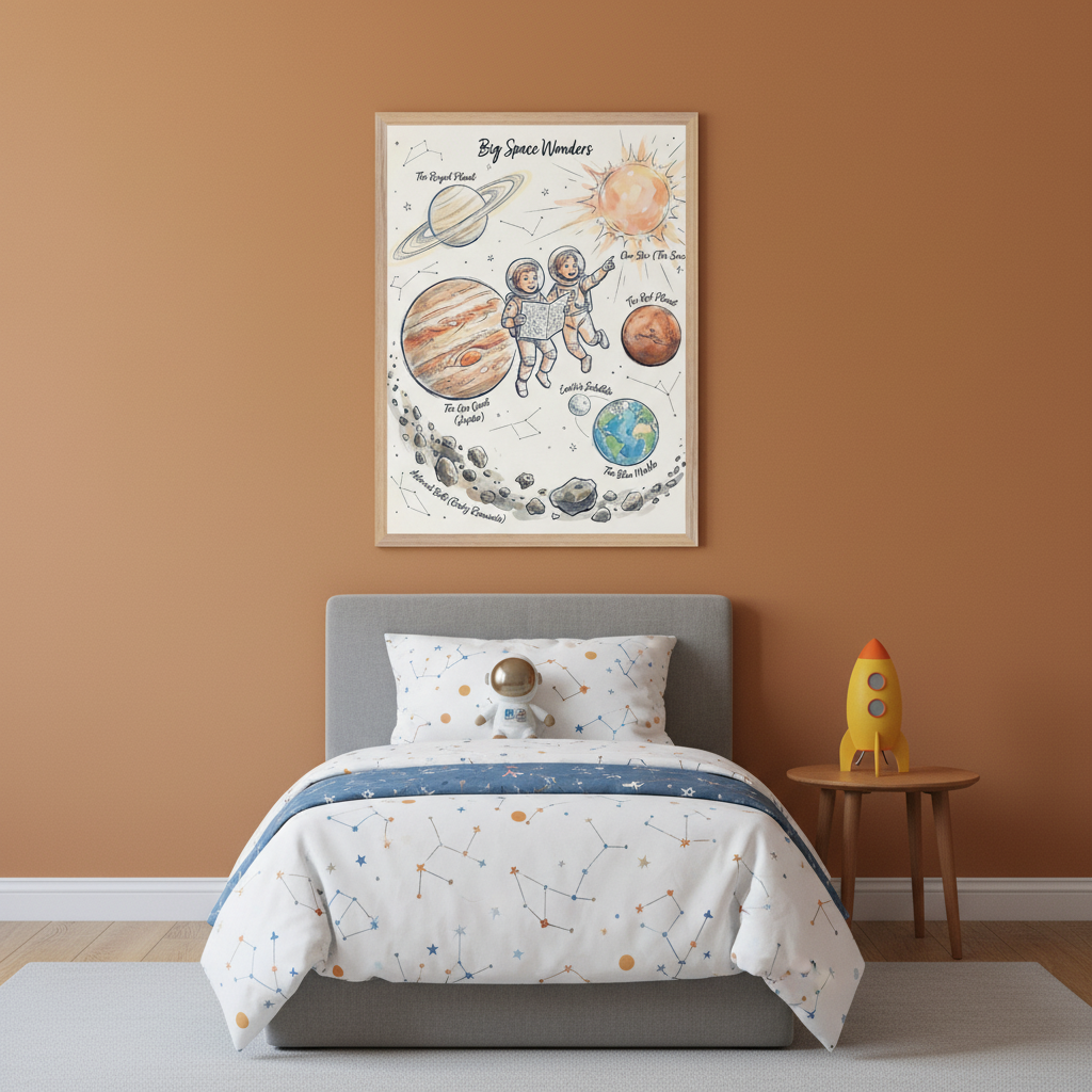 Kid's bedroom with an orange wall and a gray bed. A framed poster titled "Big Space Wonders" hangs above the bed, featuring a colorful illustrated space scene with planets, the sun, and astronauts. A wooden nightstand with a yellow rocket sits next to the bed.