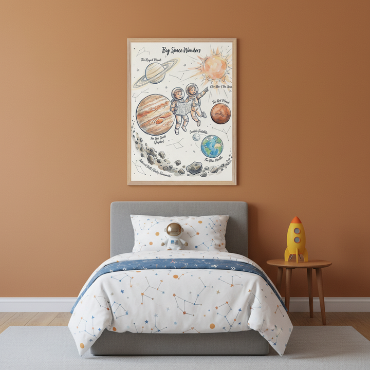 Kid's bedroom with an orange wall and a gray bed. A framed poster titled "Big Space Wonders" hangs above the bed, featuring a colorful illustrated space scene with planets, the sun, and astronauts. A wooden nightstand with a yellow rocket sits next to the bed.