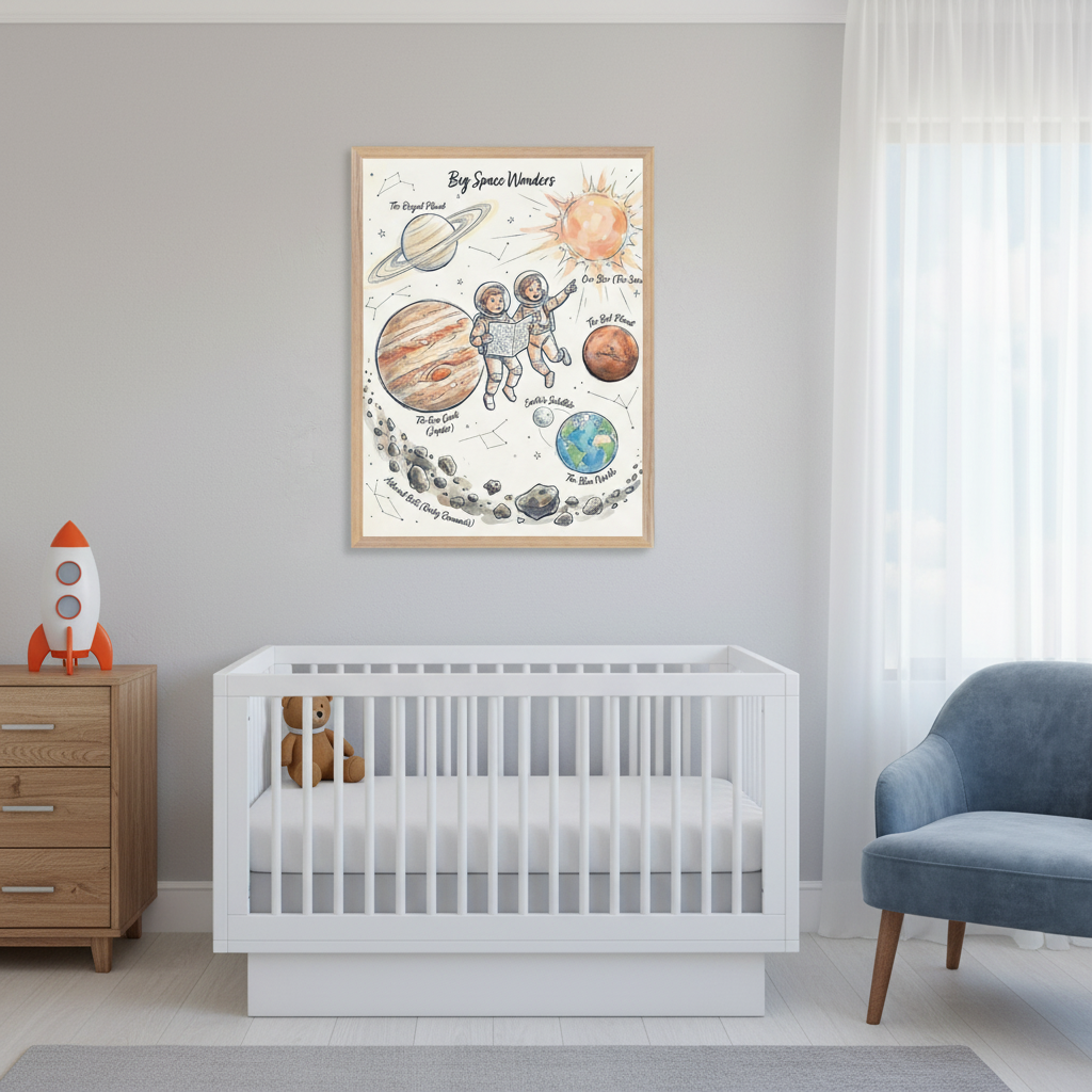 Modern nursery with a white crib, wooden dresser, and blue armchair. A framed watercolor-style print titled 'Big Space Wonders' depicting planets, a sun, moon, asteroids, and astronauts hangs on the gray wall above the dresser and crib.