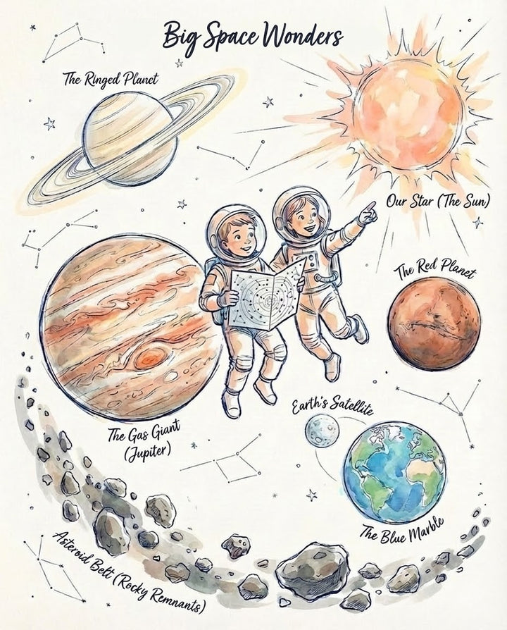 A playful and educational illustration of the wonders of space, including planets like Saturn and Mars, with astronauts exploring the vast universe and planets like Earth and the Sun depicted with vibrant colors and whimsical designs.