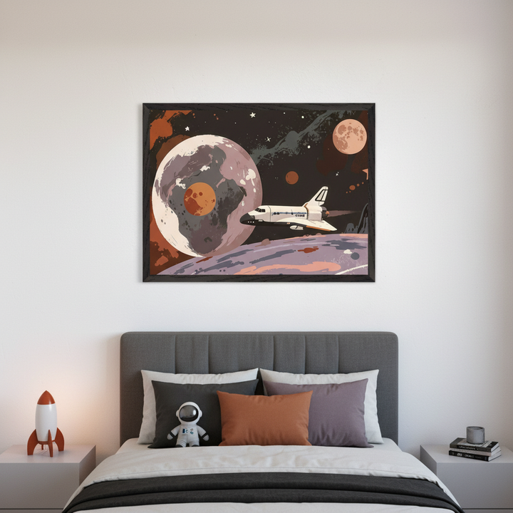 Modern kid's bedroom with a grey upholstered bed. A framed graphic illustration of a space shuttle orbiting a large planet and moon hangs centered above the bed. A rocket lamp and astronaut plush are visible.