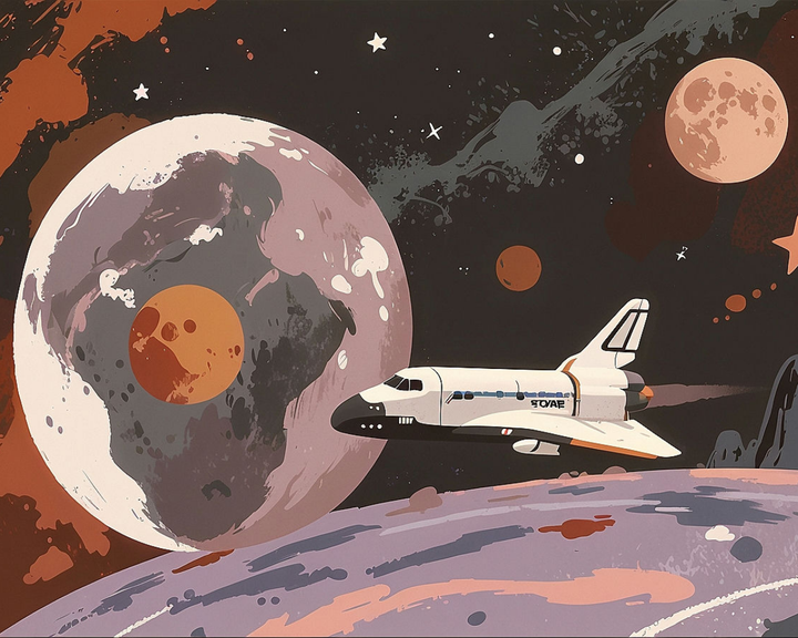A space shuttle labeled "SOAE" flies through a colorful, stylized cosmic scene. The background features a large, abstract planet with swirling patterns, surrounded by smaller celestial bodies and stars. The scene is rendered in shades of purple, orange, and brown, creating a vibrant, otherworldly atmosphere.