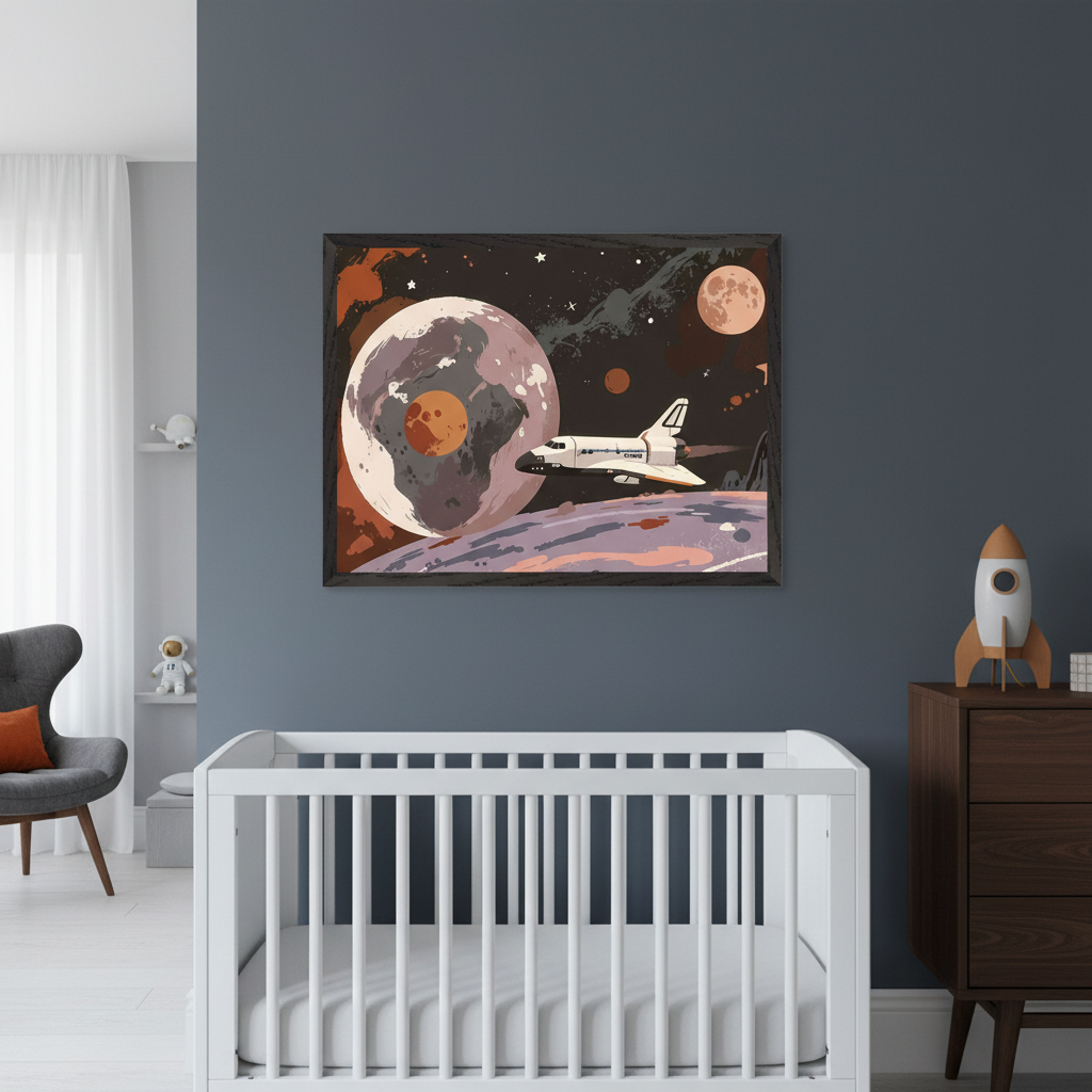Modern nursery with a white crib and dark wood dresser. A large framed print of a white space shuttle flying past stylized planets and stars hangs on the dark blue wall above the crib. A gray armchair is to the left.