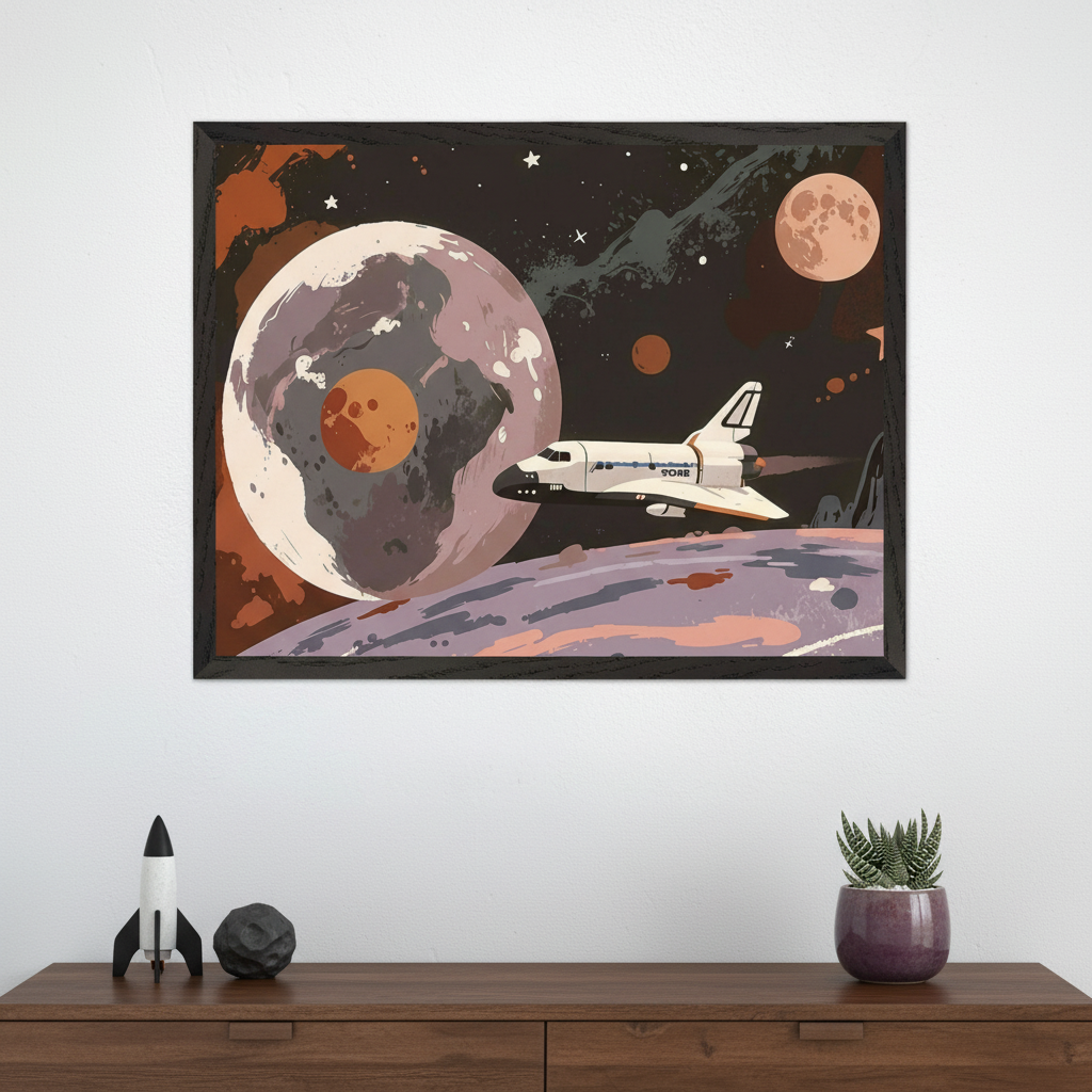 Modern room with a wooden dresser against a white wall. A large framed print of a space scene with planets and a space shuttle in an illustrative style hangs above the dresser. A small rocket and a plant are on the dresser.