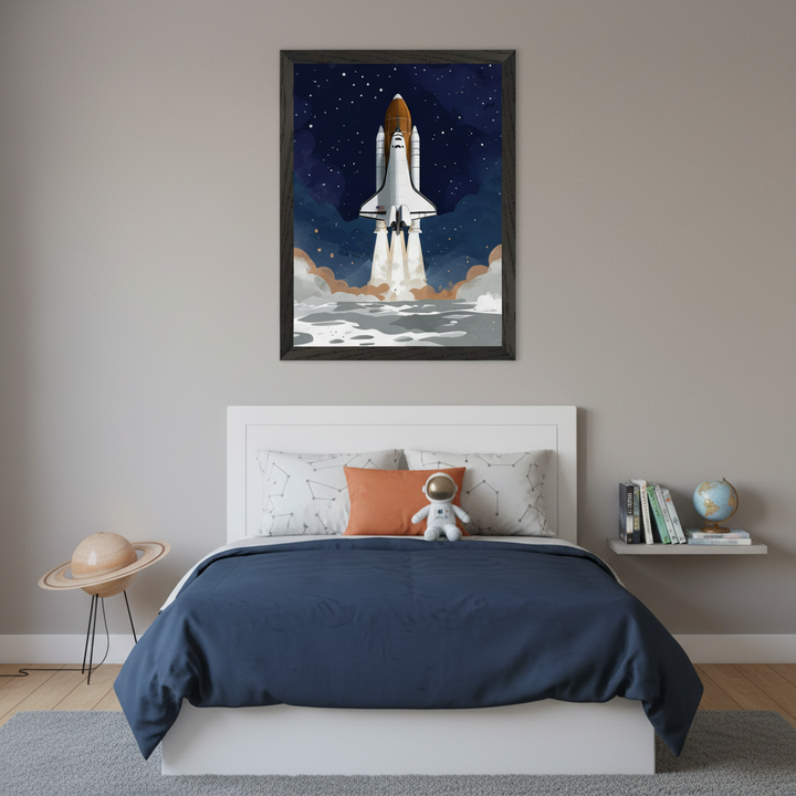 Kid's space-themed bedroom with a white bed, navy duvet, and patterned pillows. A large framed stylized illustration of a space shuttle launching against a starry night sky hangs centered above the bed's white headboard. A Saturn lamp is on a side table to the left, and a shelf with books and a globe is to the right.
