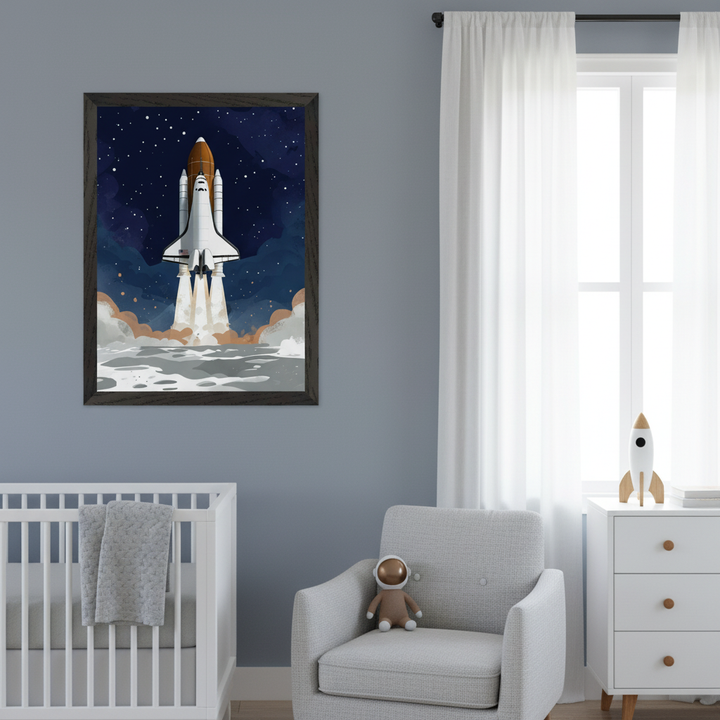 Modern nursery with a white crib, gray armchair, and white dresser. A framed art print of a Space Shuttle launching against a starry sky in an illustrative style hangs above the crib.