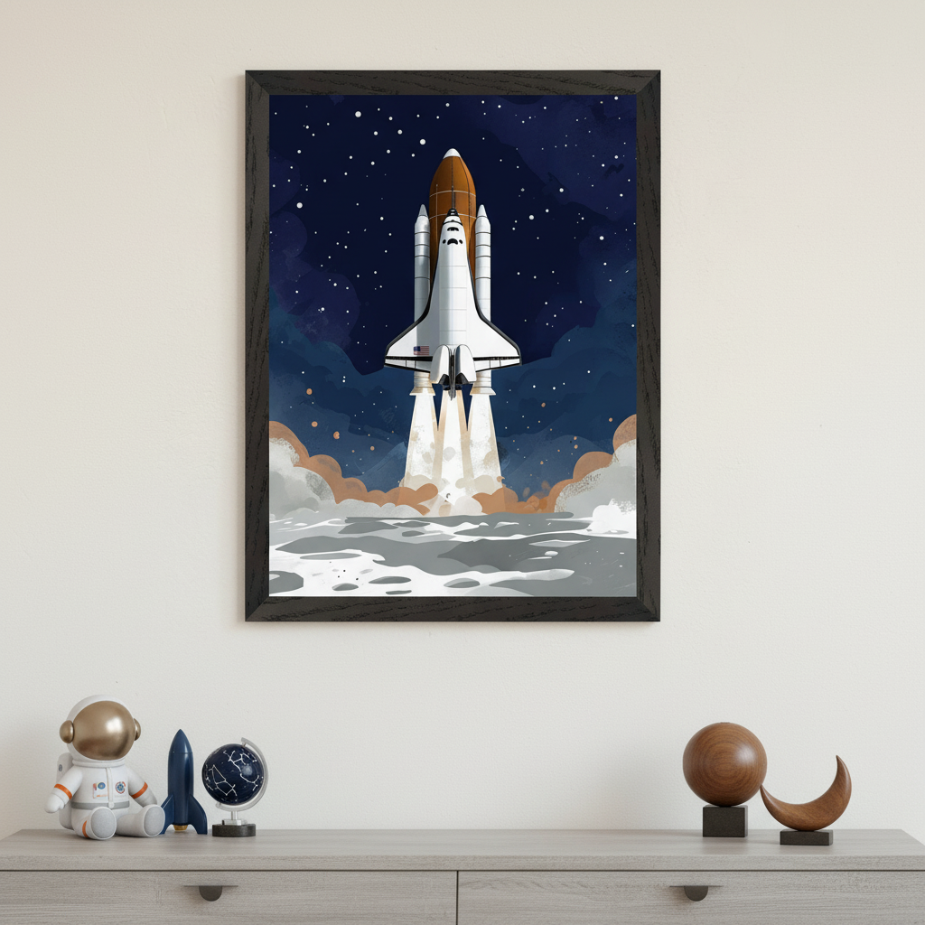 Modern room with a light gray wooden dresser. Centered above the dresser is a black-framed illustration of a space shuttle launching into a dark blue, starry sky. Space-themed decorative items, including an astronaut figurine and a small rocket, are displayed on the dresser.