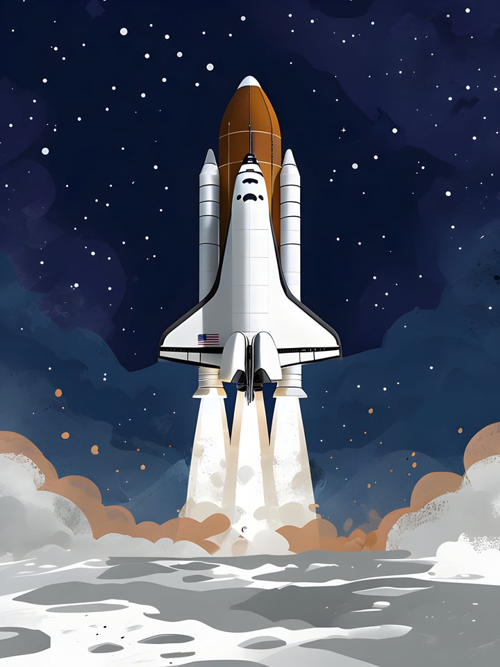A space shuttle launches into the starry night sky, with bright flames and smoke billowing from its engines, and an American flag visible on its side.