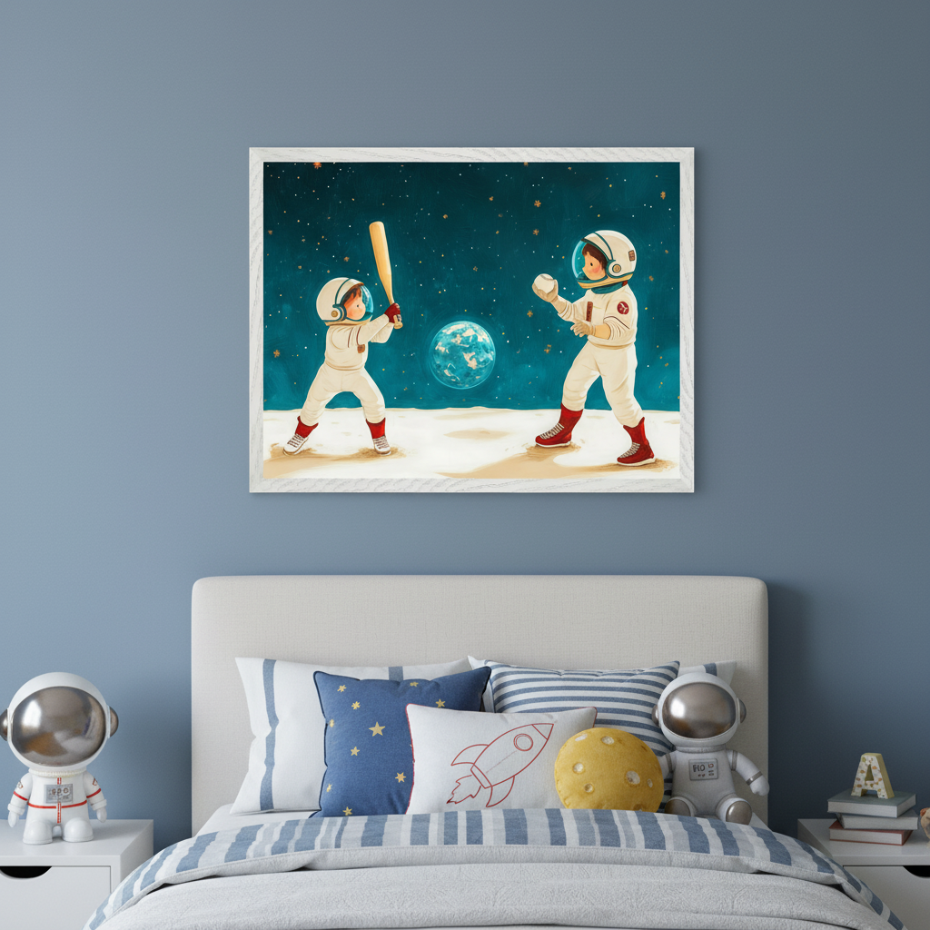 Kid's bedroom with a light-colored bed against a blue wall. Centered above the bed, a framed illustration shows two cartoon astronauts playing baseball on the moon with Earth as the ball under a starry dark blue sky.