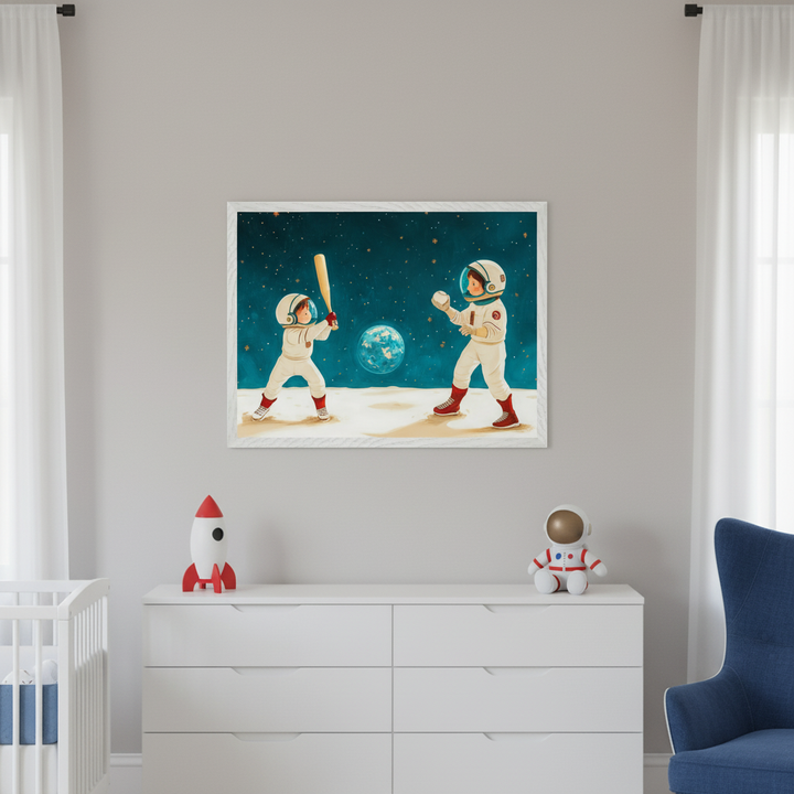 Modern nursery with a white crib, white dresser, and blue armchair. A large framed print of two cartoon astronauts playing baseball with Earth as the ball on the moon hangs above the dresser.