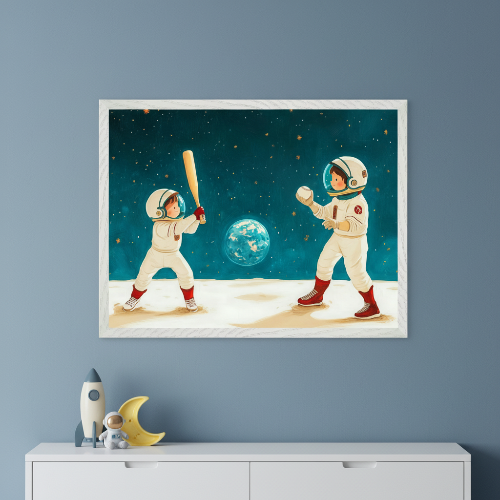 Modern kid's room with a white dresser. A large framed illustrative print of two child astronauts playing baseball on the moon, with a blue planet and stars, hangs centered above the dresser.