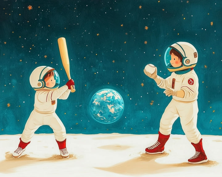 Two children in astronaut suits play baseball on the moon, with one holding a bat and the other a ball. Earth and stars are visible in the background, creating a whimsical space scene.