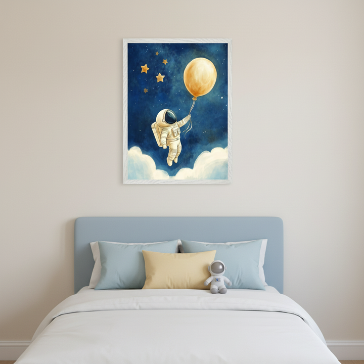 Kid's bedroom with a bed featuring a light blue headboard, white duvet, and blue/yellow pillows. A framed whimsical illustration of an astronaut floating with a golden balloon among clouds and stars hangs above the bed. An astronaut plush toy rests on the bed.