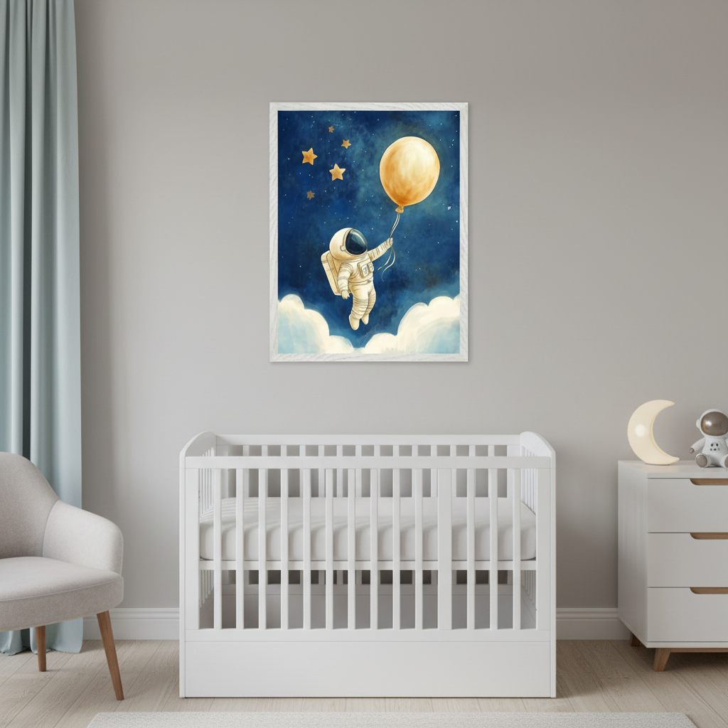 Modern nursery with a white crib, dresser, and gray armchair. A framed painted print of an astronaut holding a yellow balloon, floating over clouds in a starry blue sky, hangs centered above the crib.