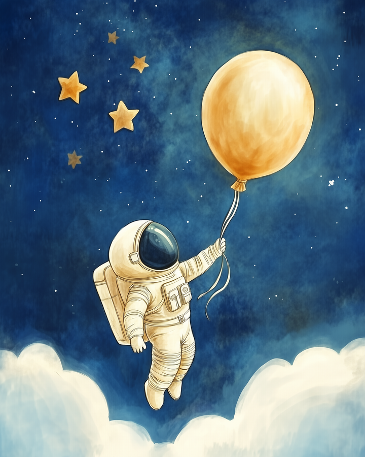 An astronaut in a white spacesuit floats above fluffy clouds, holding a large golden balloon against a starry night sky with several twinkling stars.