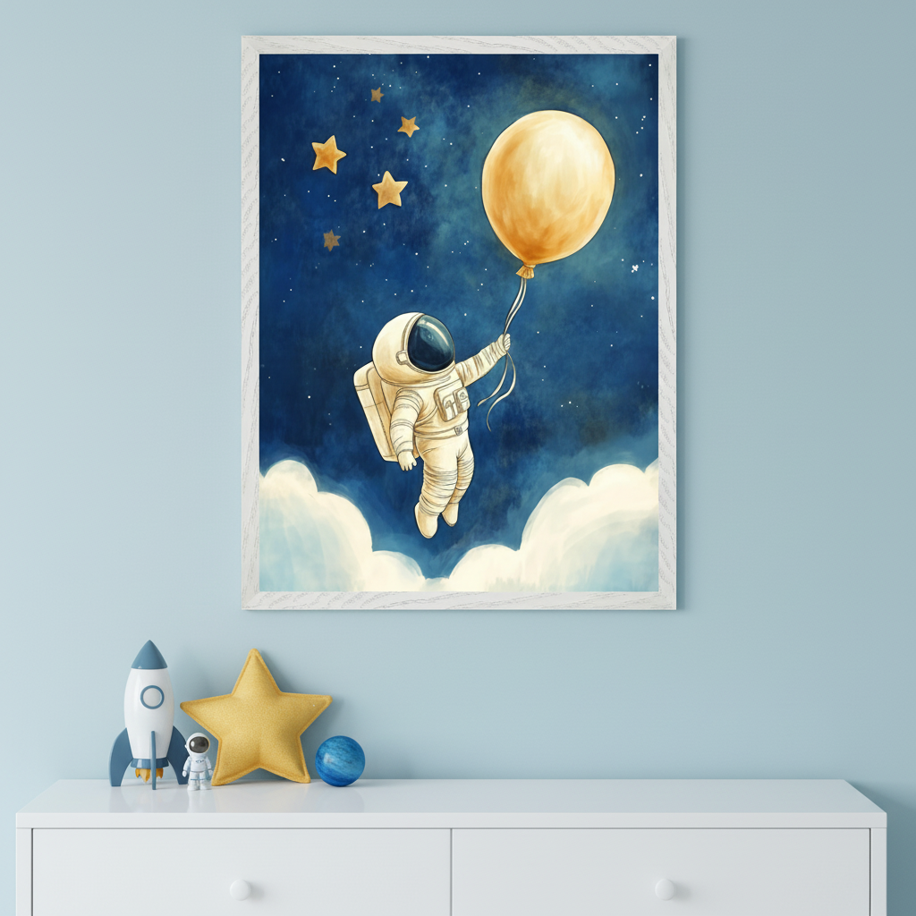 Framed illustration of a small astronaut floating above the clouds while holding onto a large golden balloon, surrounded by softly glowing stars in a dreamy night sky. The artwork is displayed above a white dresser decorated with space-themed toys including a rocket, mini astronaut, plush star, and planet ball.