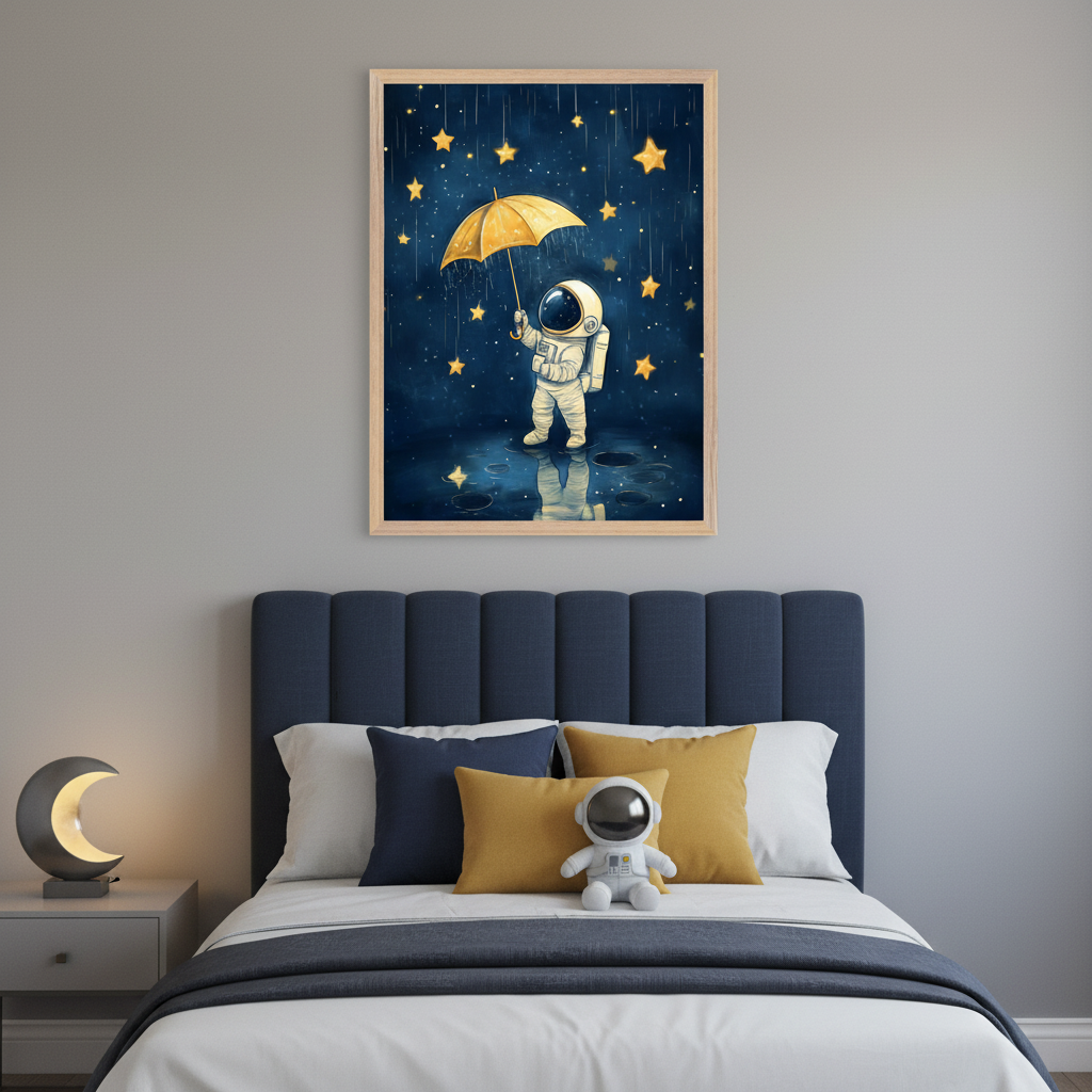 Kid's bedroom with a navy blue upholstered bed and a gray nightstand with a moon lamp. Above the bed, a framed illustration depicts a cartoon astronaut holding a yellow umbrella in a starry, rainy blue night with puddles and reflections. An astronaut plushie sits on the bed.