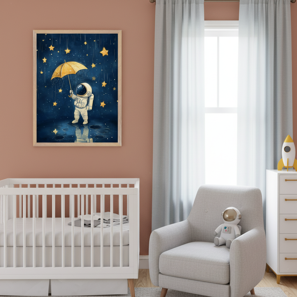 Modern nursery with a white crib, gray armchair, and white dresser. On the terracotta wall above the crib hangs a framed illustration of an astronaut holding a yellow umbrella under starry rain.