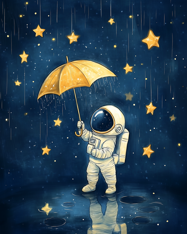 An astronaut in a white spacesuit stands on a reflective surface, holding a yellow umbrella. Stars are gently falling around them against a deep blue, starry background, creating a whimsical scene.