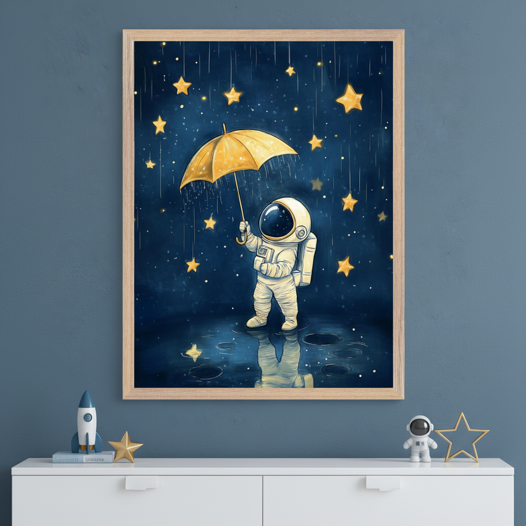Framed illustration of a small astronaut standing on a reflective surface under a golden umbrella as glowing stars rain down from a dark night sky. The whimsical scene mixes space and weather elements, creating a magical, dreamlike atmosphere above a dresser decorated with rocket and star-themed toys.