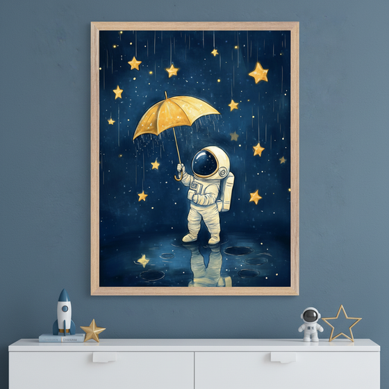 Framed illustration of a small astronaut standing on a reflective surface under a golden umbrella as glowing stars rain down from a dark night sky. The whimsical scene mixes space and weather elements, creating a magical, dreamlike atmosphere above a dresser decorated with rocket and star-themed toys.