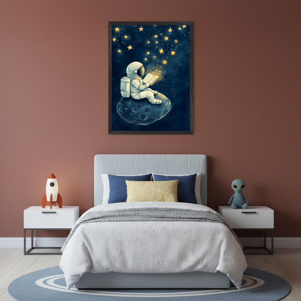 Kid's bedroom with a light blue bed and two white nightstands against a terracotta wall. Centered above the bed is a framed art print depicting a whimsical astronaut sitting on a moon and reading a book, with glowing stars around them.