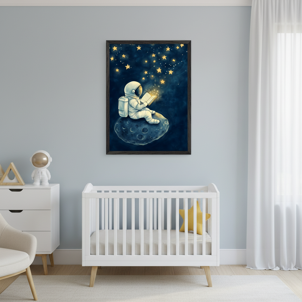 Modern nursery with a white crib and dresser. A large framed print in an illustrated style depicting an astronaut reading a glowing book on an asteroid under a dark blue starry sky hangs above the crib.