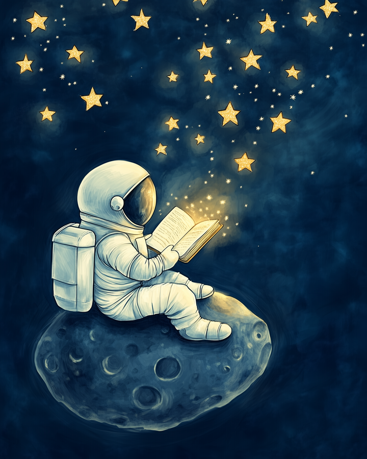 An astronaut in a white spacesuit sits on a small, cratered asteroid, engrossed in a glowing book, while numerous golden stars twinkle in the deep blue space around him.
