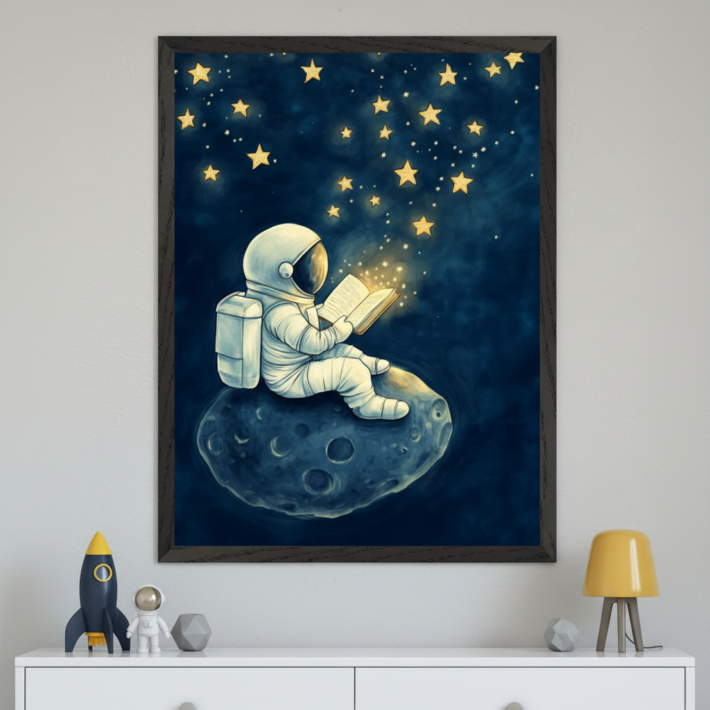 Framed illustration of an astronaut sitting on a small moon-like rock, reading a glowing book as golden stars float upward into a dark blue starry sky. The space-themed decor continues on the white dresser below, with a toy rocket, astronaut figure, geometric shapes, and a yellow lamp.