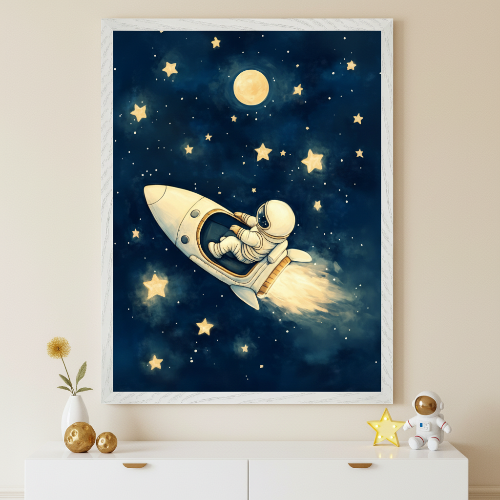 Framed illustration of an astronaut riding a rocket ship through a star-filled night sky, with a glowing moon and yellow stars scattered around. Below the artwork, a white cabinet displays a vase with a flower, two gold decorative balls, and a toy astronaut holding a yellow star.