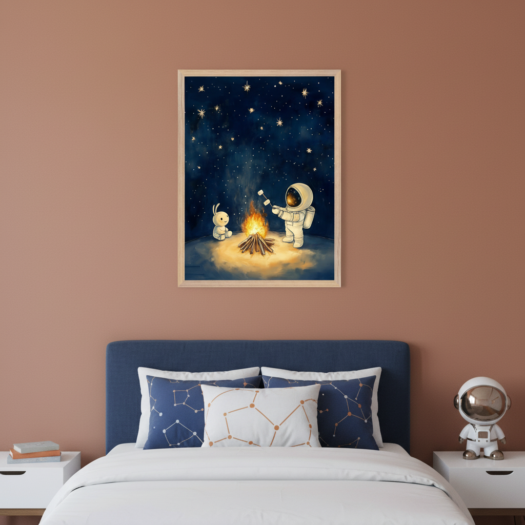 Kid's bedroom with a blue upholstered bed and two white nightstands. A framed print depicting a cartoon astronaut roasting marshmallows over a campfire with a white bunny under a starry sky hangs above the bed.